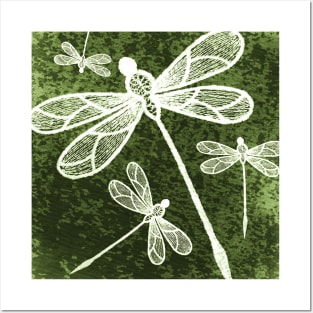 Magical white dragonflies on grunge green background Posters and Art